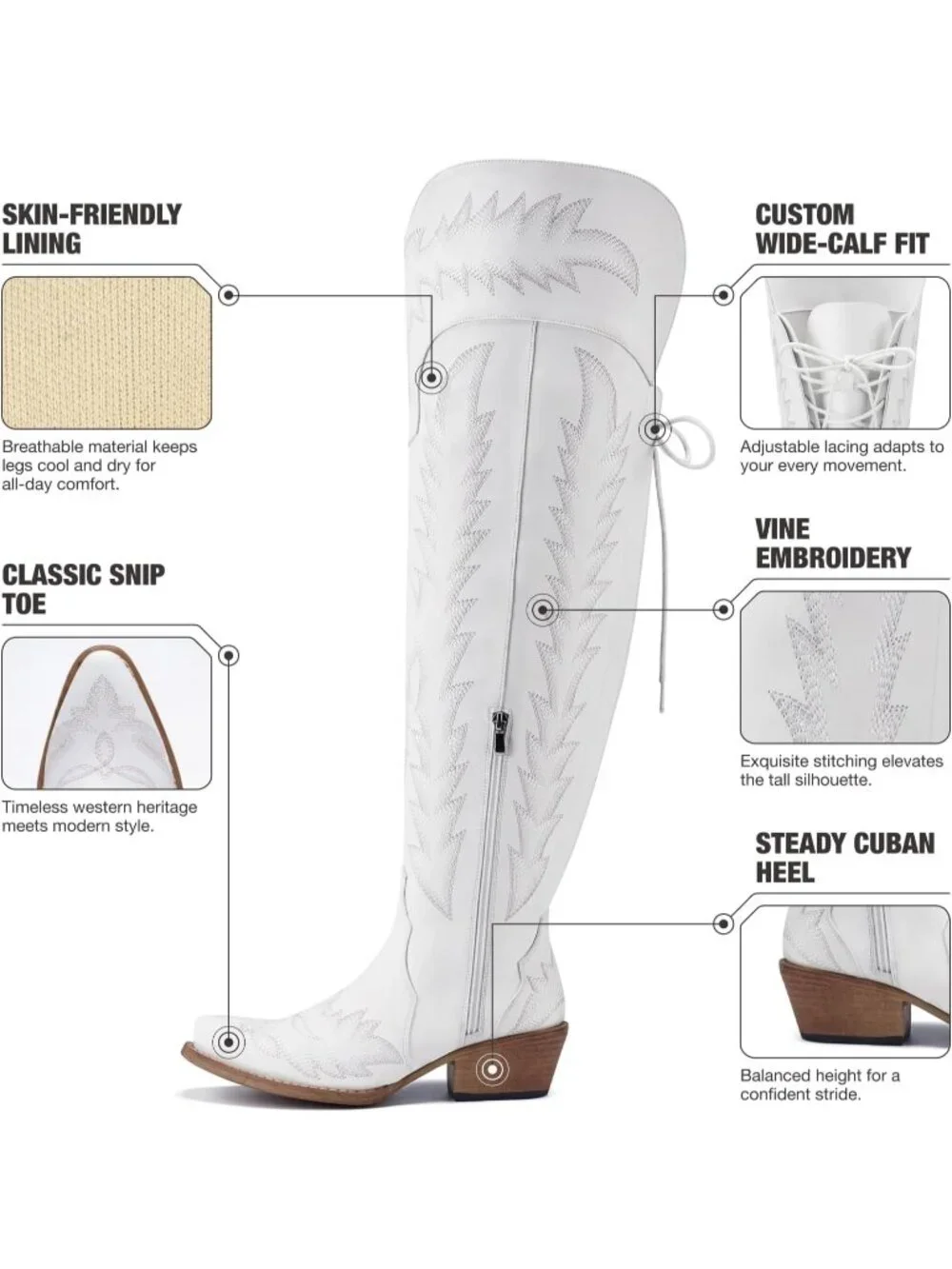Women White Embroidered Zipper Block Heel Wide Calf Over-the-knee Cowboy Boot